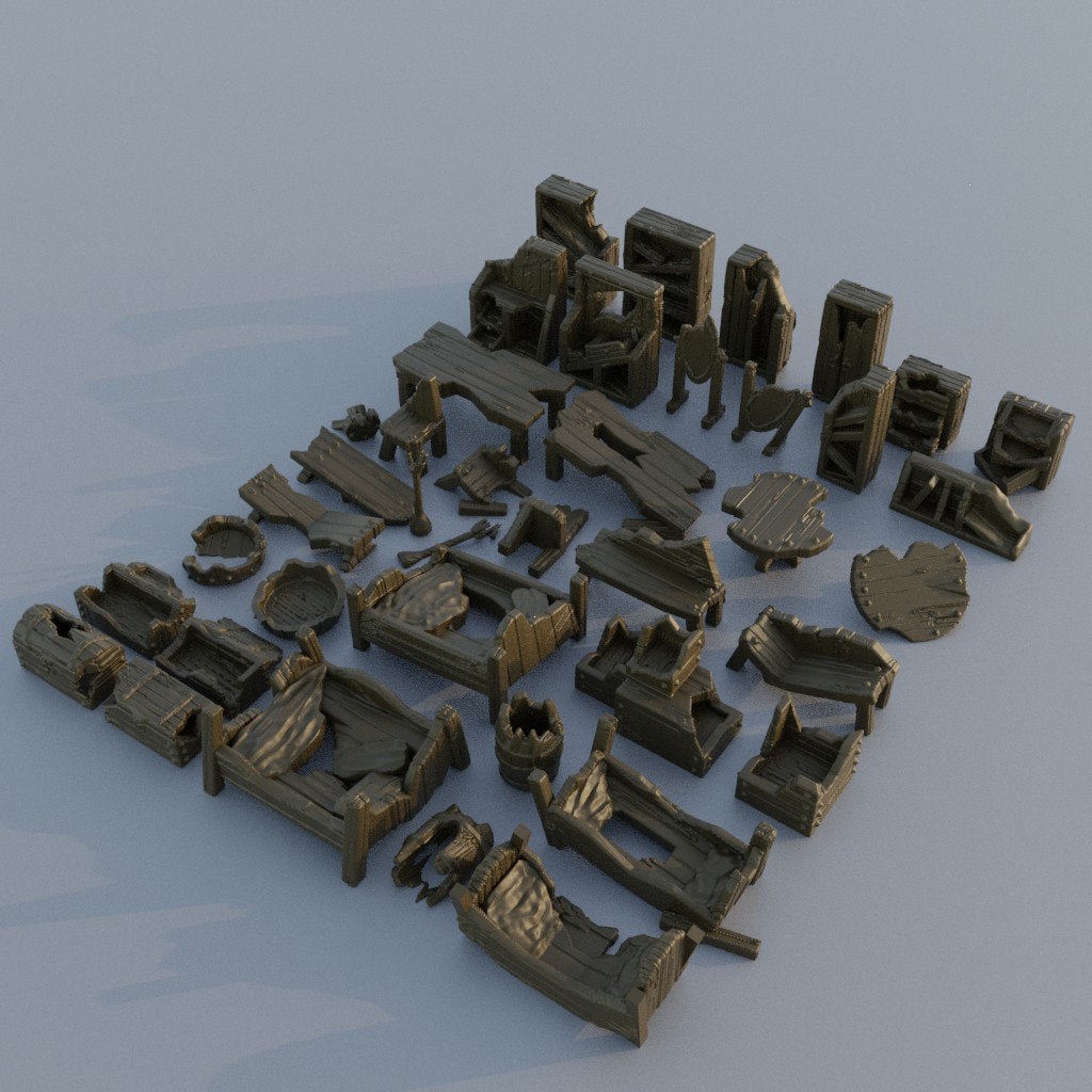 Ruined Furniture Decoration Pack, Miniature Land | Dungeons and Dragons | Pathfinder | Table Top RPG | 3D Printed Model
