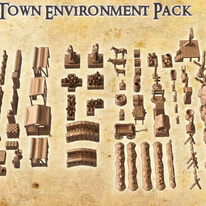 Town Environment Pack, Miniature Land | Dungeons and Dragons | Pathfinder | Table Top RPG | 3D Printed Model