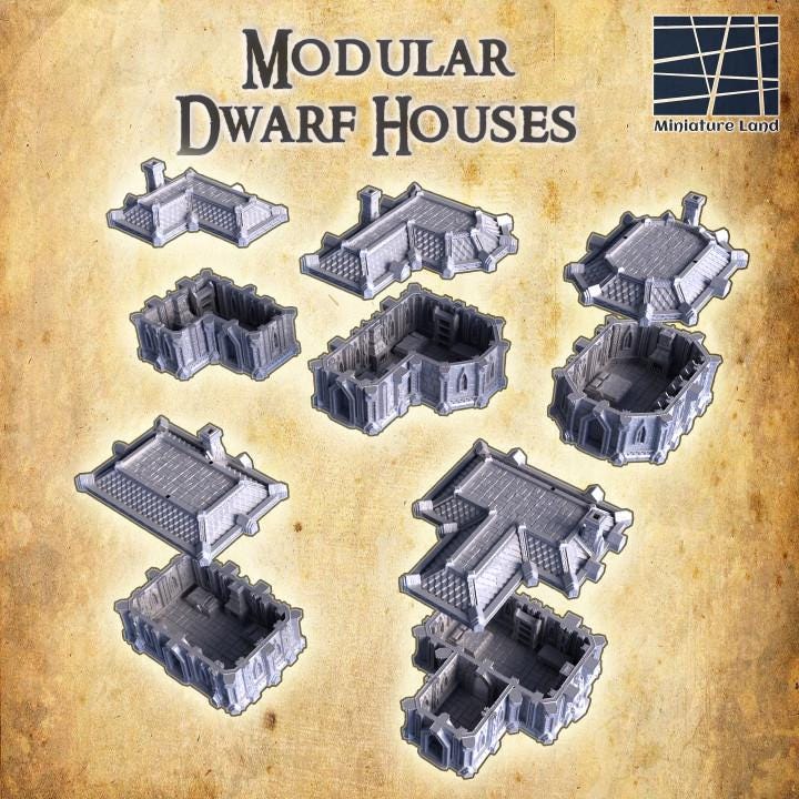 Modular Dwarf Homes, Miniature Land | Dungeons and Dragons | Pathfinder | Table Top RPG | 3D Printed Model