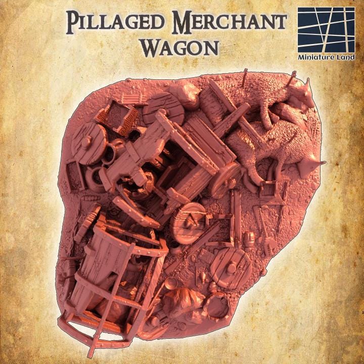 Pillaged Merchant Wagon, Miniature Land | Dungeons and Dragons | Pathfinder | Table Top RPG | 3D Printed Model