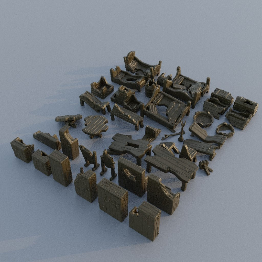 Ruined Furniture Decoration Pack | Aussie 3D Printed Miniatures and Terrain