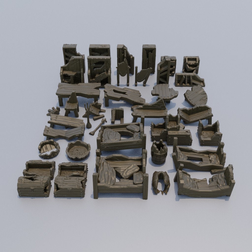 Ruined Furniture Decoration Pack | Aussie 3D Printed Miniatures and Terrain