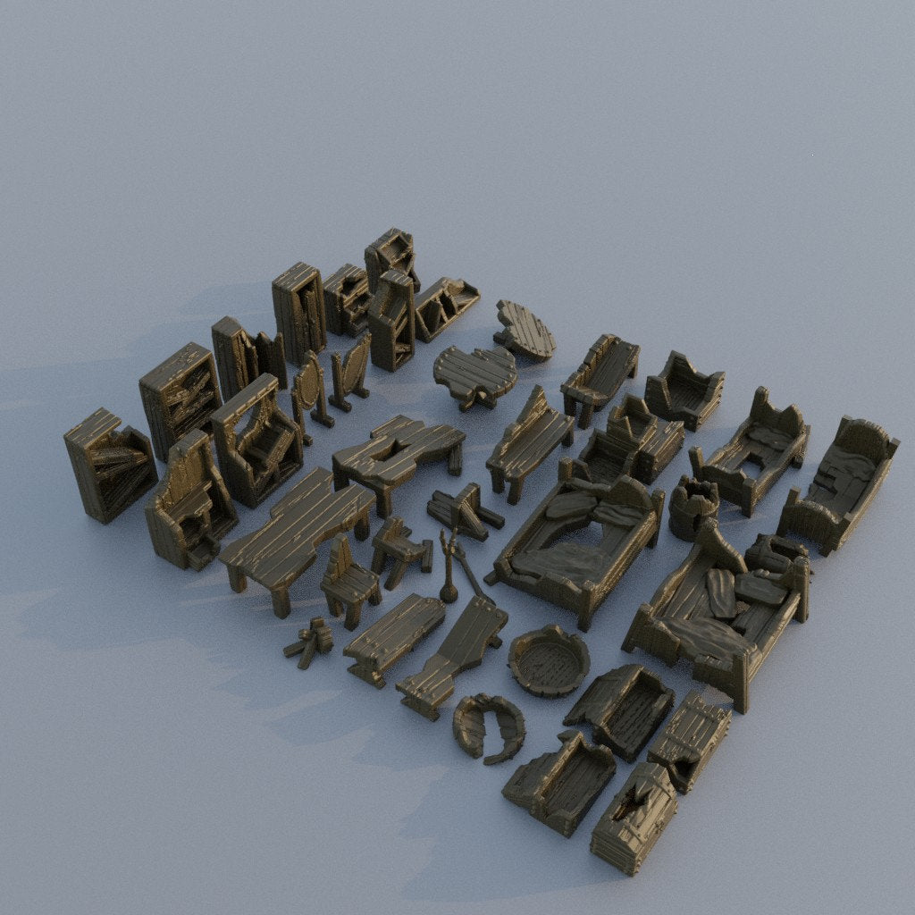 Ruined Furniture Decoration Pack | Aussie 3D Printed Miniatures and Terrain