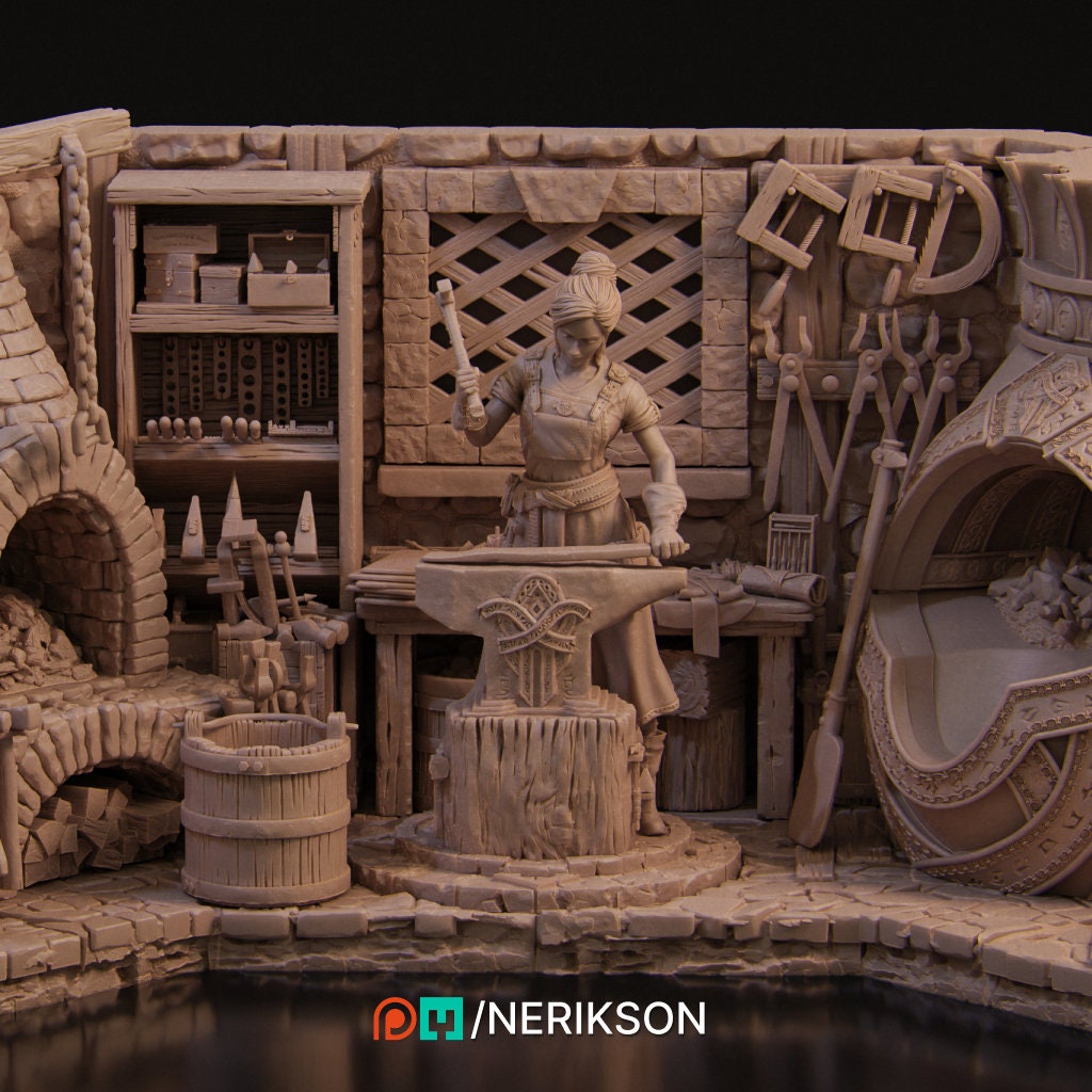 Lara, Blacksmith Shop, Ernest Nemirovsky | Dungeons and Dragons | Pathfinder | Table Top RPG | 3D Printed Model