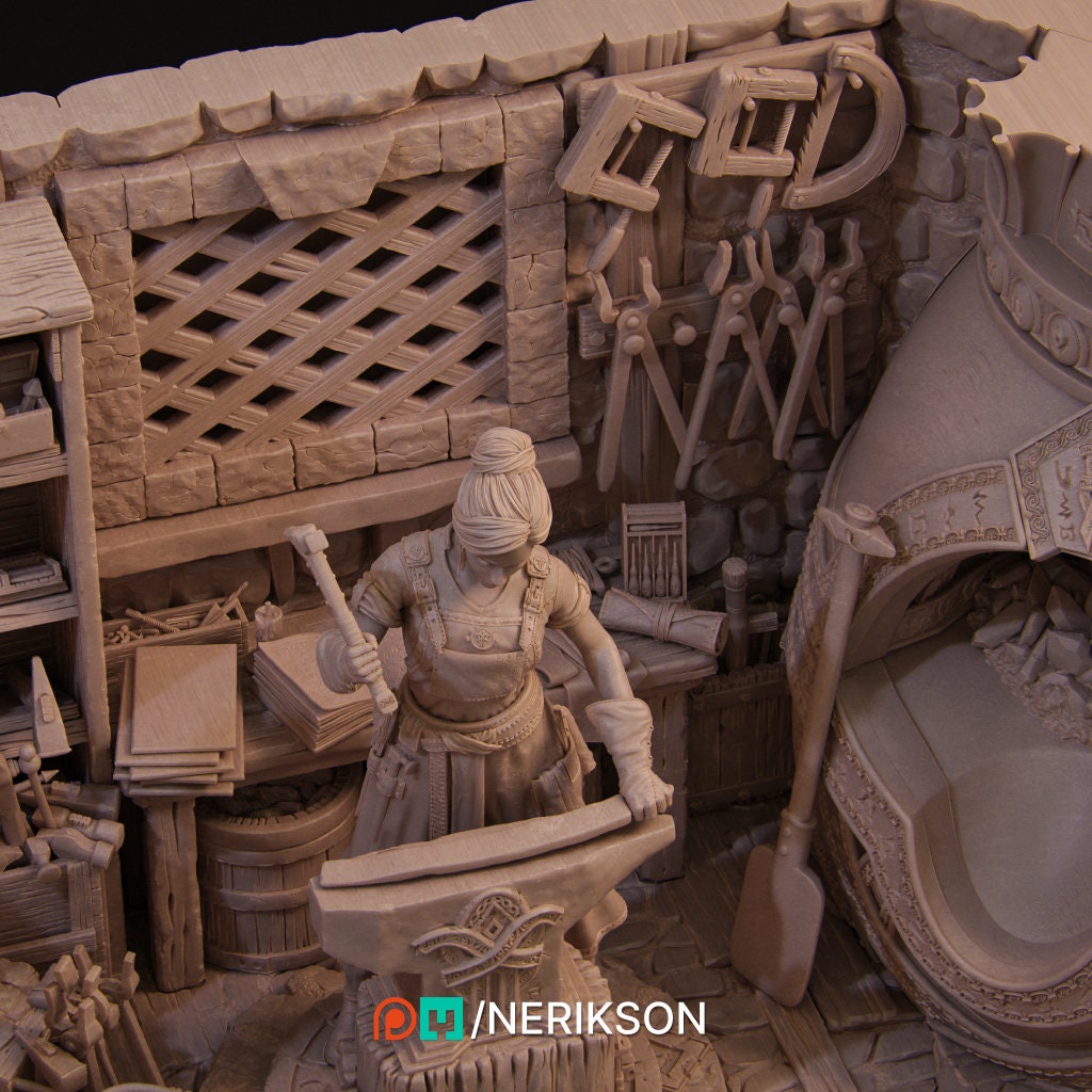 Lara, Blacksmith Shop, Ernest Nemirovsky | Dungeons and Dragons | Pathfinder | Table Top RPG | 3D Printed Model