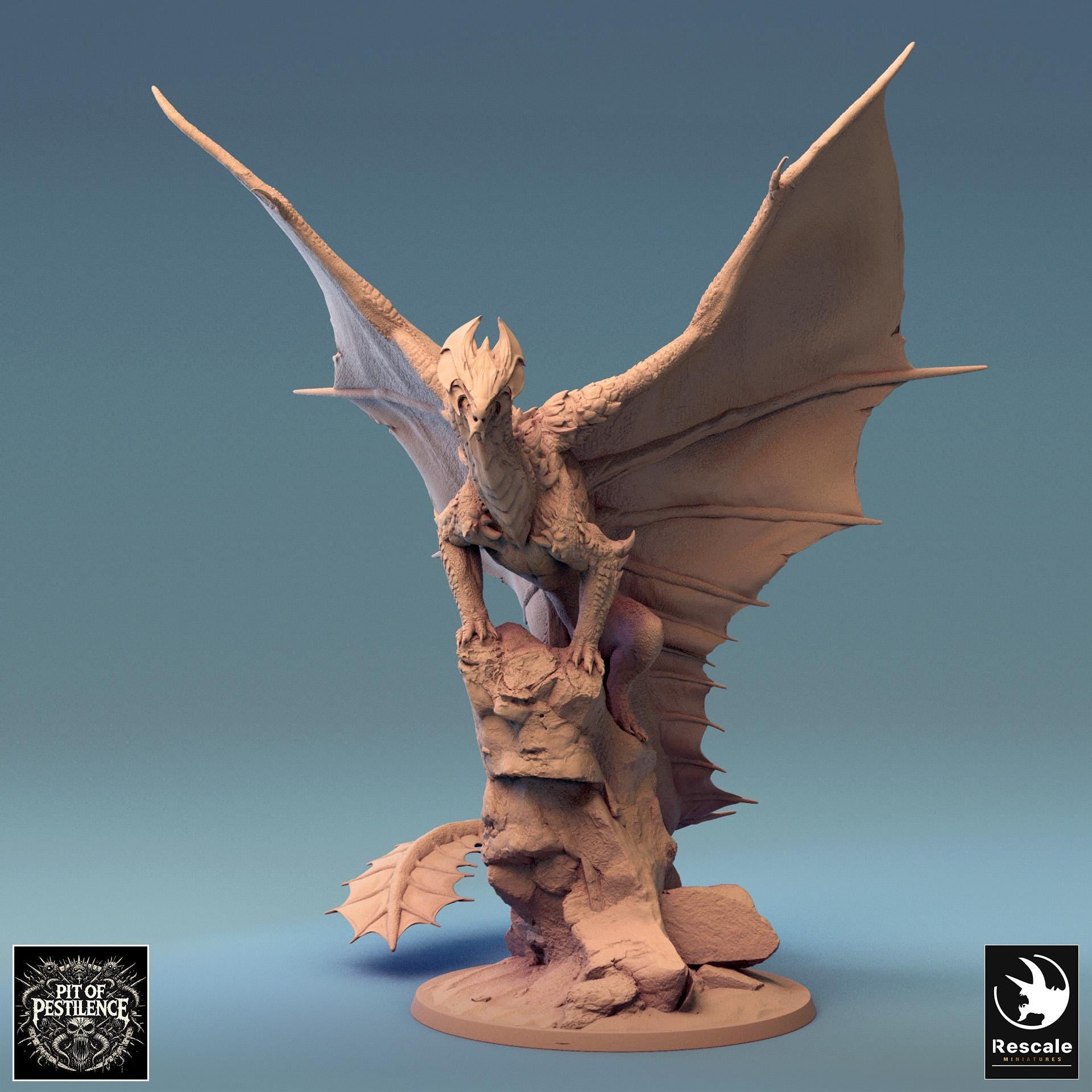 Brass Dragon, Perched, Rescale Miniatures | Dungeons and Dragons | Pathfinder | Table Top RPG | 3D Printed Model