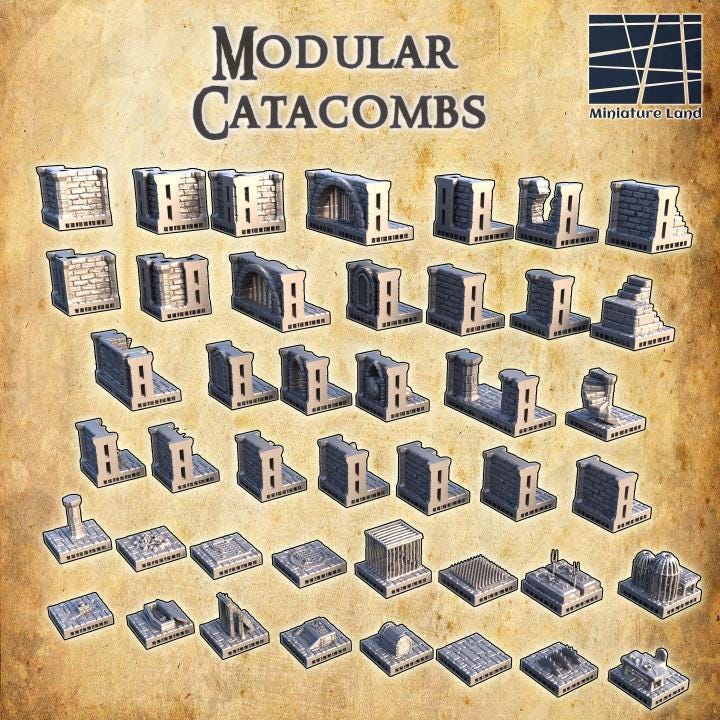 Modular Catacombs, Miniature Land | Dungeons and Dragons | Pathfinder | Table Top RPG | 3D Printed Model