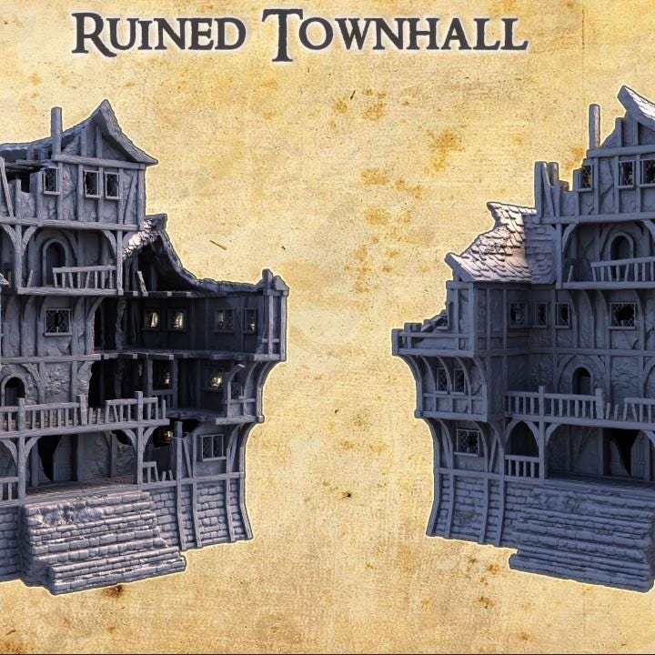 Ruined Townhall, Miniature Land | Dungeons and Dragons | Pathfinder | Table Top RPG | 3D Printed Model