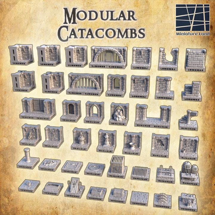 Modular Catacombs, Miniature Land | Dungeons and Dragons | Pathfinder | Table Top RPG | 3D Printed Model