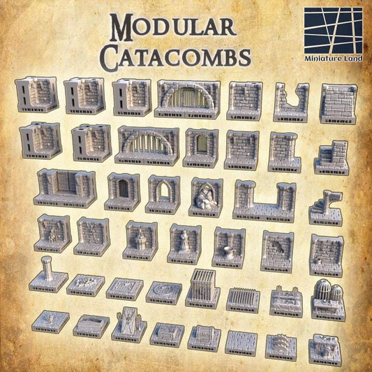 Modular Catacombs, Miniature Land | Dungeons and Dragons | Pathfinder | Table Top RPG | 3D Printed Model