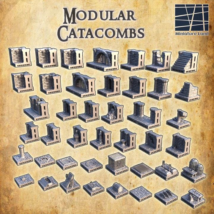 Modular Catacombs, Miniature Land | Dungeons and Dragons | Pathfinder | Table Top RPG | 3D Printed Model