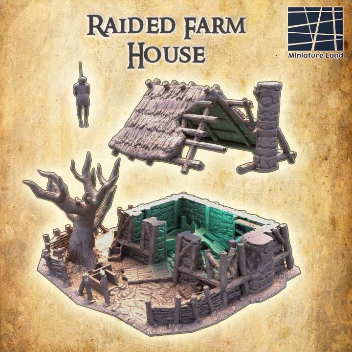 Raided Farm House, Miniature Land | Dungeons and Dragons | Pathfinder | Table Top RPG | 3D Printed Model