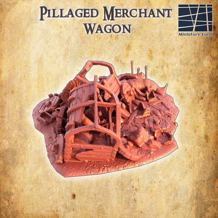 Pillaged Merchant Wagon, Miniature Land | Dungeons and Dragons | Pathfinder | Table Top RPG | 3D Printed Model