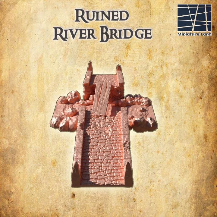 Ruined River Bridge, Miniature Land | Dungeons and Dragons | Pathfinder | Table Top RPG | 3D Printed Model