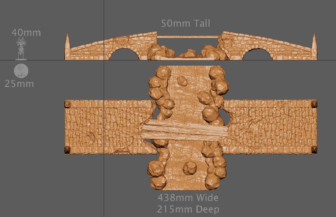 Ruined River Bridge, Miniature Land | Dungeons and Dragons | Pathfinder | Table Top RPG | 3D Printed Model